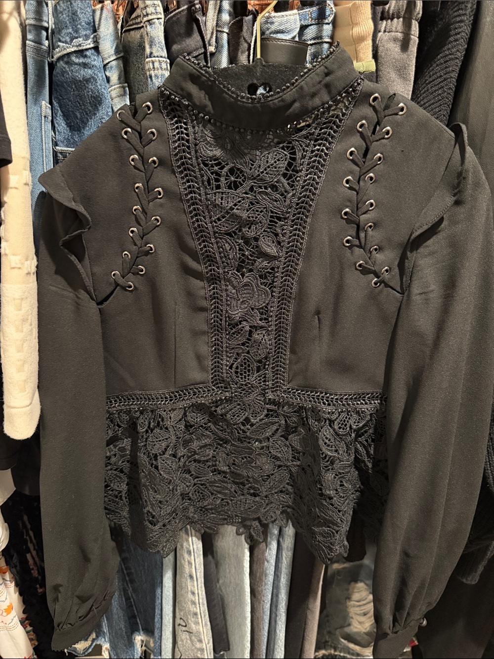 Self-Portrait Black Lace-Trim High Neck Blouse